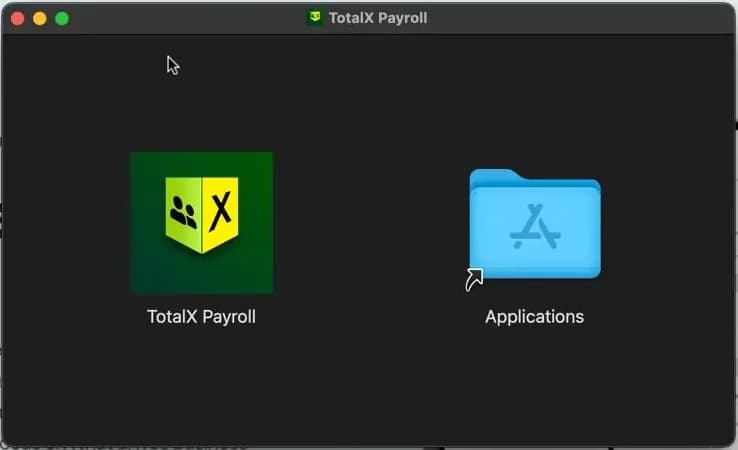 The TotalX Payroll installer window, showing the app icon and the Applications folder