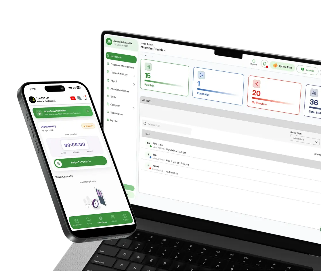 TotalX payroll admin dashboard on a laptop and attendance app on a smartphone